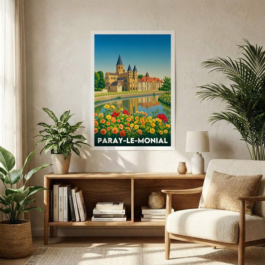 Affiche souvenir de la ville de Paray-le-Monial avec une illustration stylisée.