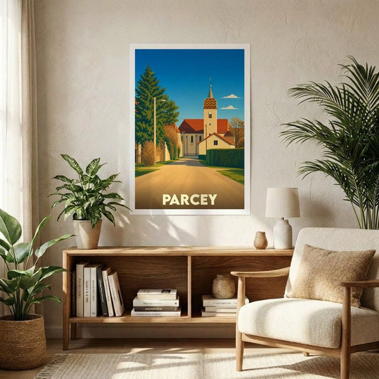 Affiche souvenir de la ville de Parcey représentant une illustration stylisée de son église et de ses paysages verdoyants.