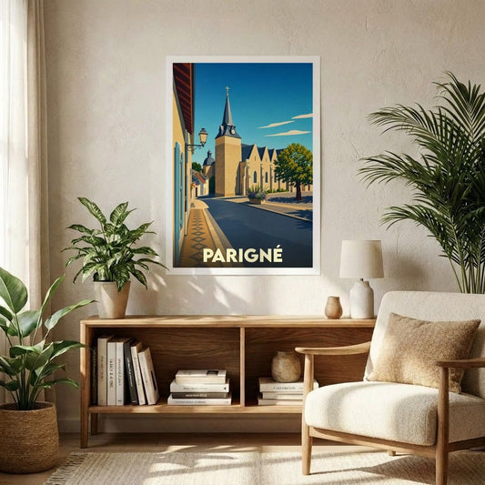 Affiche souvenir de la ville de Parigné avec une illustration stylisée d'une rue menant à l'église.
