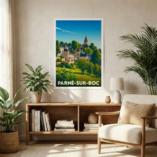 Affiche souvenir de la ville de Parné-sur-Roc avec une illustration stylisée de style vintage.