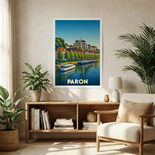 Affiche souvenir de la ville de Paron avec une illustration stylisée d'un paysage fluvial urbain.