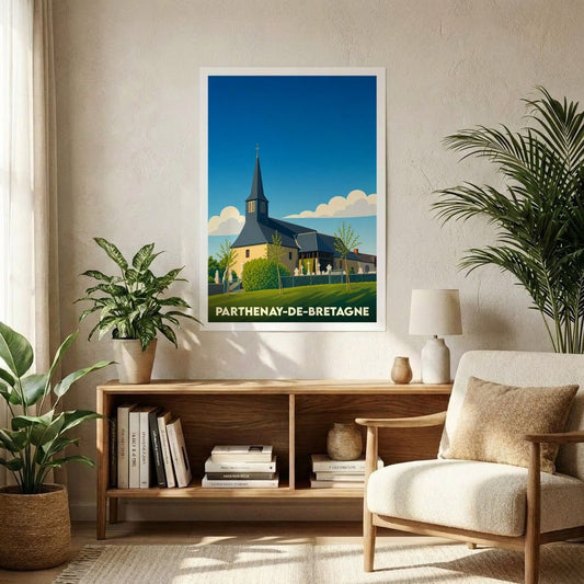 Affiche souvenir de la ville de Parthenay-de-Bretagne représentant son église dans un style graphique épuré.