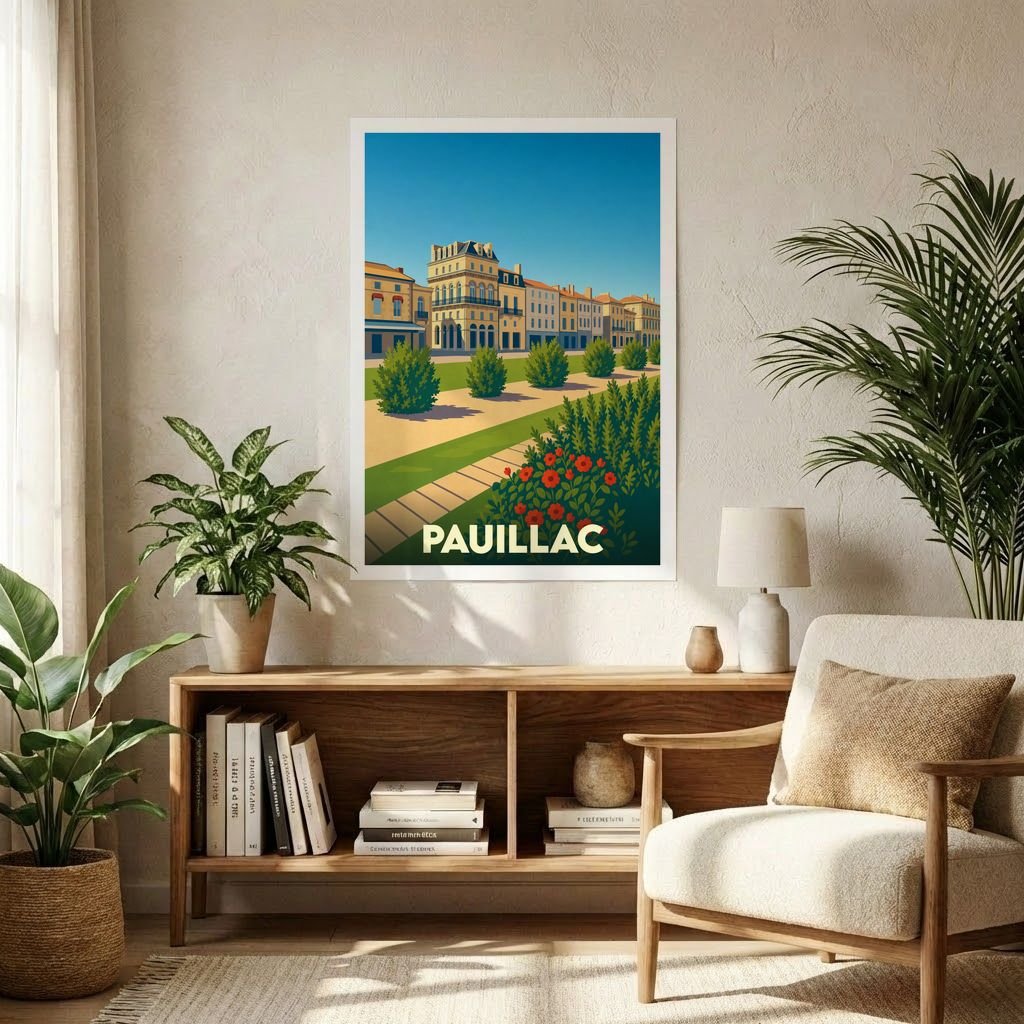 Affiche souvenir de la ville de Pauillac avec une illustration stylisée et colorée de son front de mer.