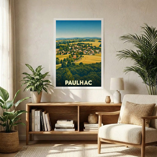 Affiche souvenir de la ville de Paulhac avec une illustration stylisée d'un paysage vallonné.