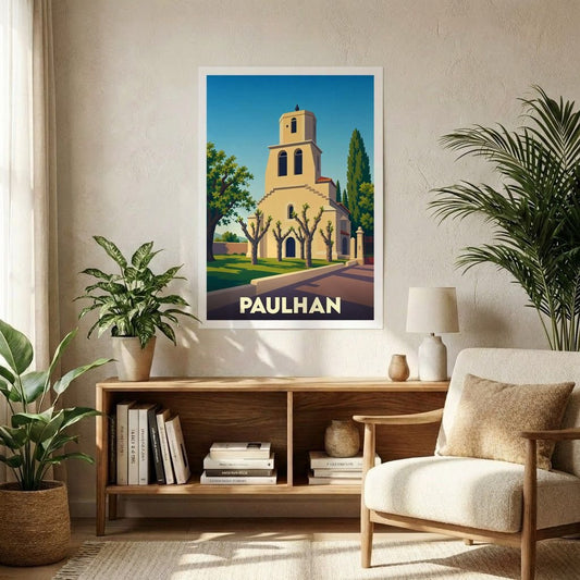 Affiche souvenir de la ville de Paulhan illustrant son église dans un style graphique épuré.