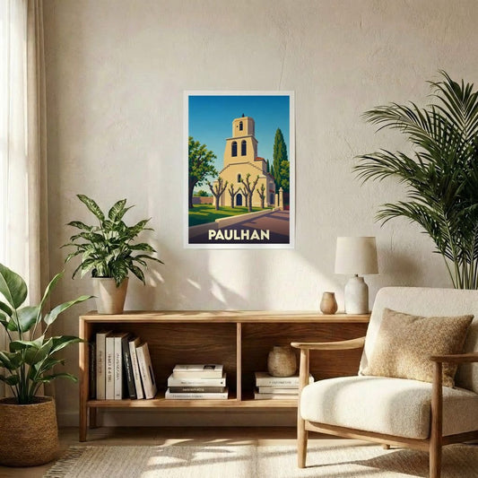 Affiche souvenir de la ville de Paulhan présentant une illustration stylisée de son église sous un ciel bleu.