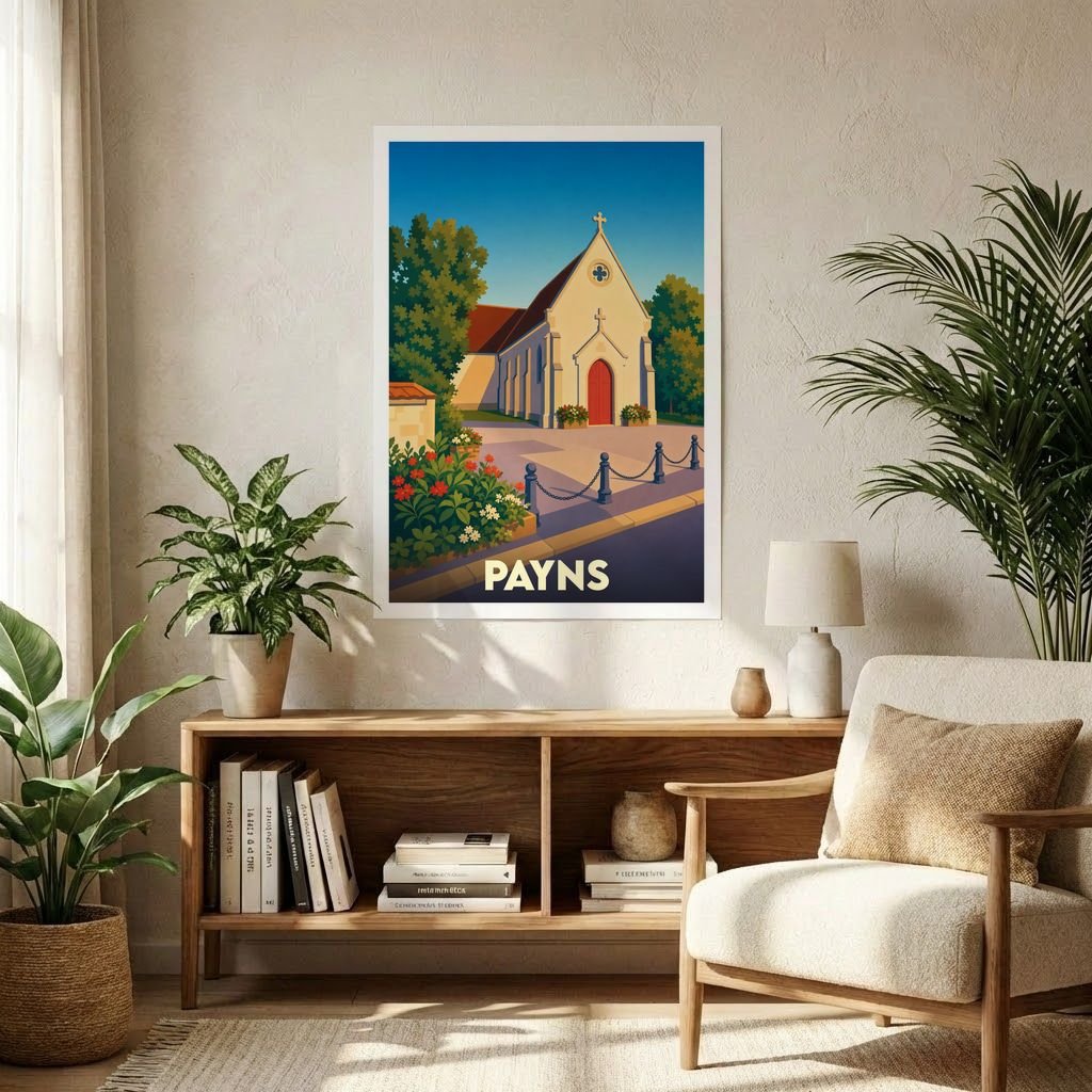 Affiche souvenir de la ville de Payns avec une illustration stylisée d'une église sous un ciel bleu.