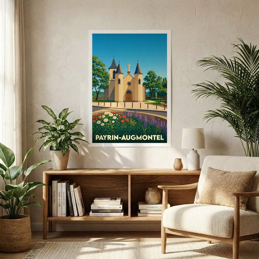 Affiche souvenir de la ville de Payrin-Augmontel avec une illustration stylisée d'une église sous un ciel bleu.