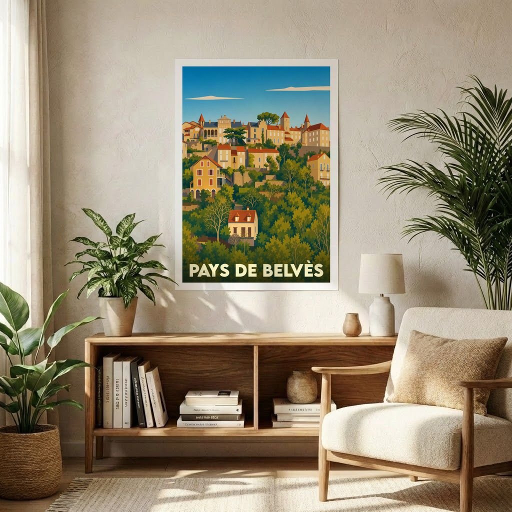 Affiche souvenir de la ville de Pays de Belvès présentant une illustration stylisée d'un village perché.