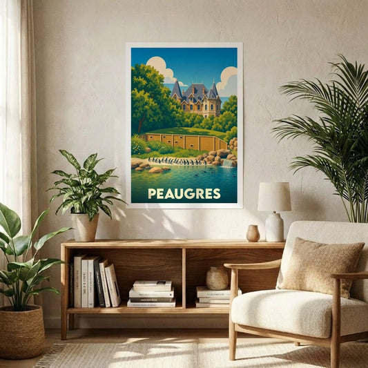 Affiche souvenir de la ville de Peaugres avec une illustration stylisée d'un château et de manchots.