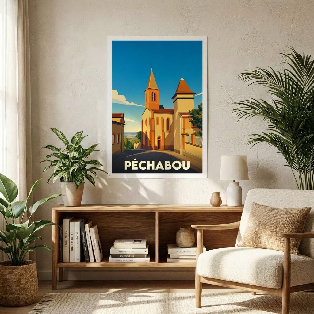 Affiche souvenir de la ville de Péchabou avec une illustration stylisée de son église sous un ciel bleu.