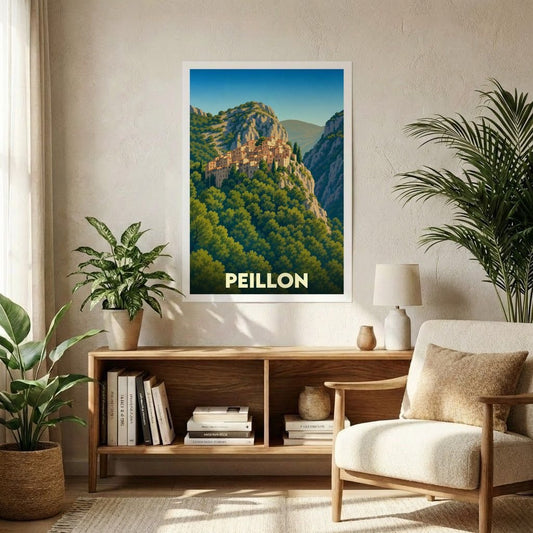 Affiche souvenir de la ville de Peillon avec une illustration stylisée de son village perché en pleine nature.