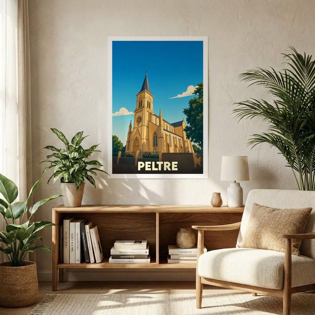 Affiche souvenir de la ville de Peltre illustrant son église dans un style graphique épuré.