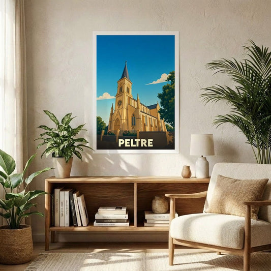 Affiche souvenir de la ville de Peltre illustrant son église dans un style graphique épuré.