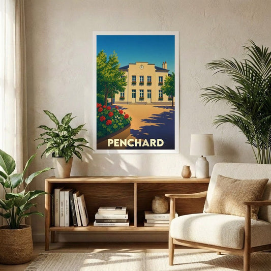 Affiche souvenir de la ville de Penchard représentant sa mairie dans un style graphique épuré et coloré.