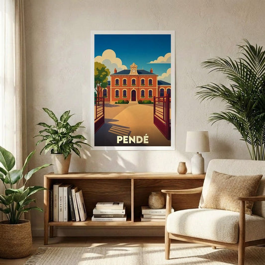 Affiche souvenir de la ville de Pendé avec une illustration stylisée d'un bâtiment historique sous un ciel ensoleillé.