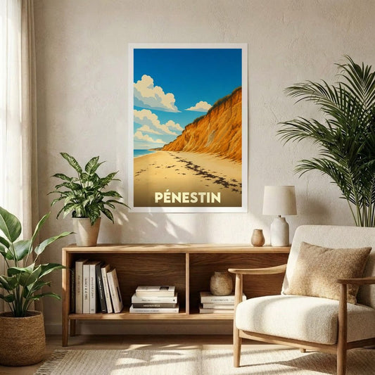 Affiche souvenir de la ville de Pénestin représentant ses falaises dorées dans un style graphique épuré.