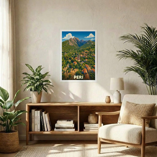 Affiche souvenir de la ville de Peri présentant une illustration stylisée de son paysage montagneux.