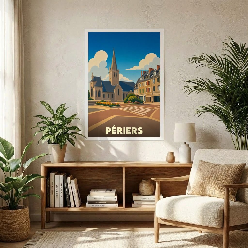 Affiche souvenir de la ville de Périers avec une illustration stylisée d'une église et de bâtiments typiques.