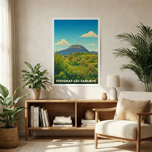Affiche souvenir de la ville de Pérignat-lès-Sarliève avec une illustration stylisée des paysages auvergnats.