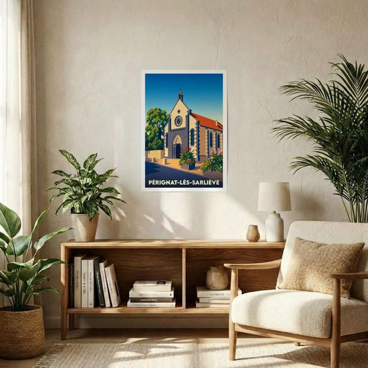 Affiche souvenir de la ville de Pérignat-lès-Sarliève avec une illustration stylisée de son église.