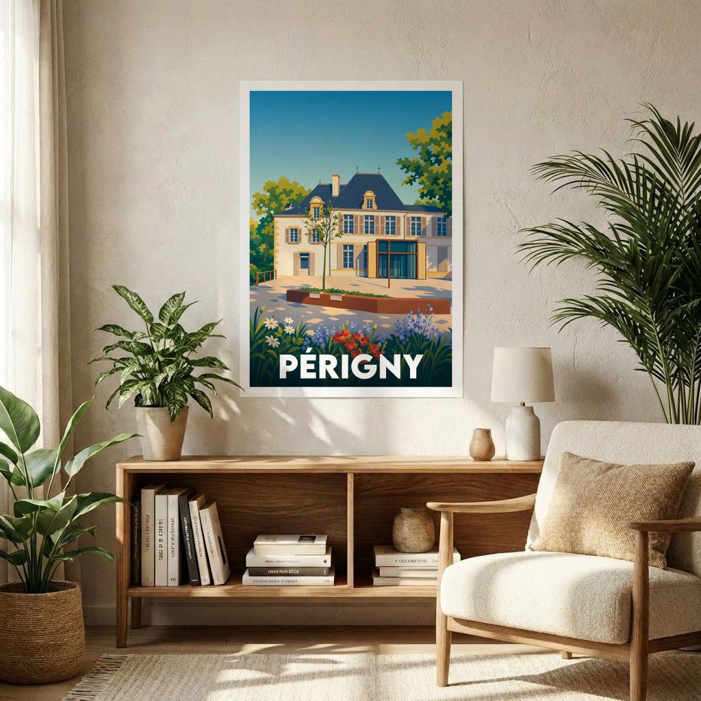 Affiche souvenir de la ville de Périgny avec une illustration stylisée d'un bâtiment historique et de jardins fleuris.