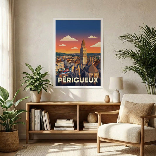 Affiche souvenir de la ville de Périgueux avec une illustration stylisée.