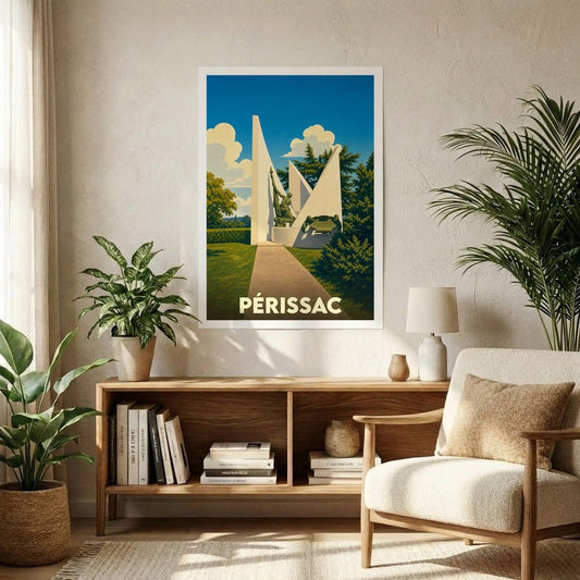 Affiche souvenir de la ville de Périssac présentant une illustration stylisée de son monument.