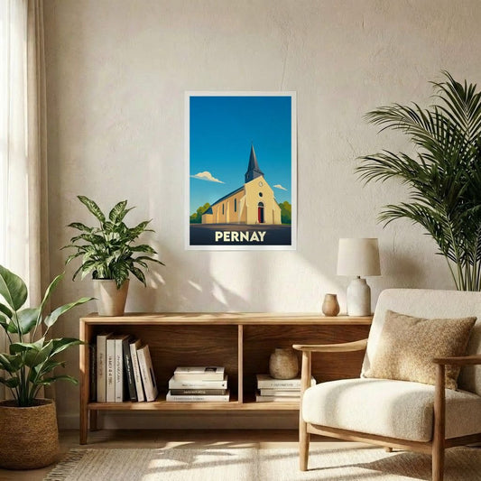 Affiche souvenir de la ville de Pernay avec une illustration stylisée de son église sous un ciel bleu.