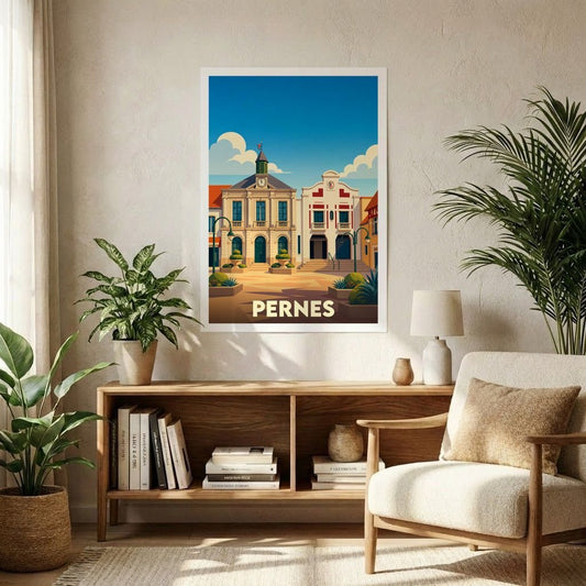 Affiche souvenir de la ville de Pernes avec une illustration stylisée et colorée.