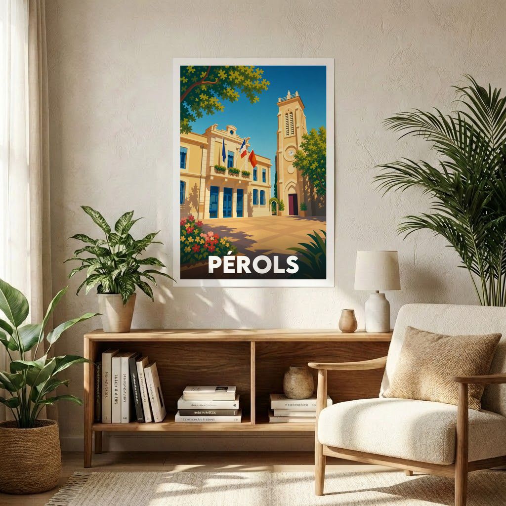 Affiche souvenir de la ville de Pérols présentant une illustration stylisée de son architecture locale.