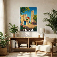 Affiche souvenir de la ville de Pérols présentant une illustration stylisée de son architecture locale.