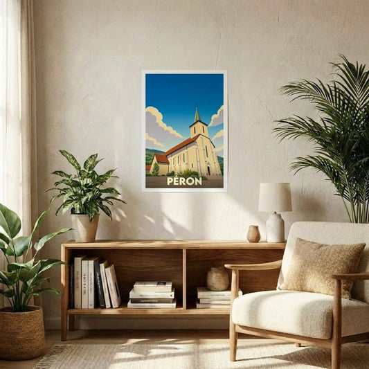 Affiche souvenir de la ville de Péron présentant une illustration stylisée de son église sous un ciel bleu.