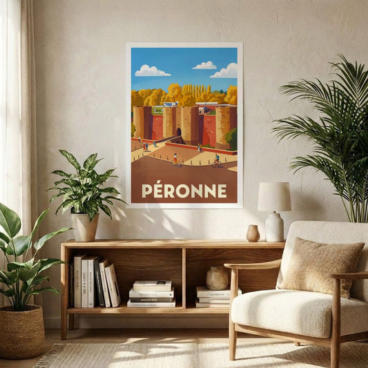 Affiche souvenir de la ville de Péronne avec une illustration stylisée de son château fort.
