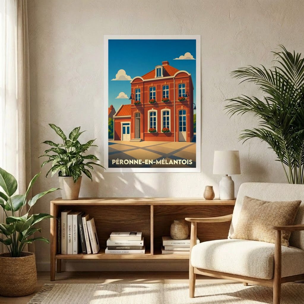 Affiche souvenir de la ville de Péronne-en-Mélantois avec une illustration stylisée d'un bâtiment typique en briques.