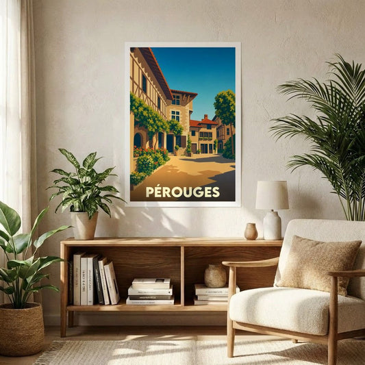 Affiche souvenir de la ville de Pérouges avec une illustration stylisée d'une ruelle médiévale ensoleillée.