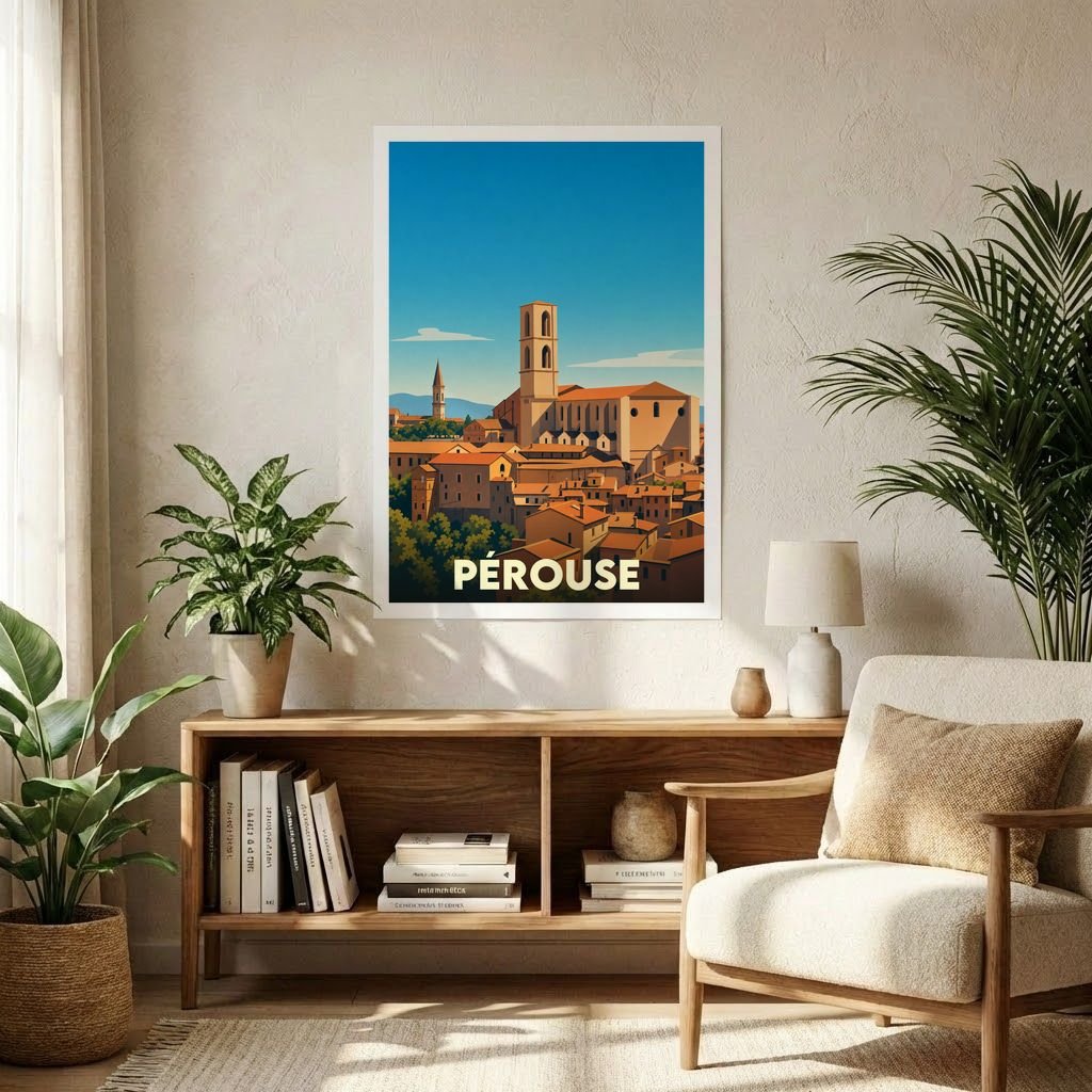 Affiche souvenir de la ville de Pérouse présentant une illustration stylisée de son centre historique et de sa cathédrale sous un ciel bleu clair.