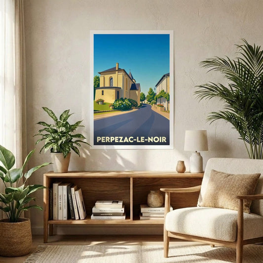Affiche souvenir de la ville de Perpezac-le-Noir avec une illustration stylisée.