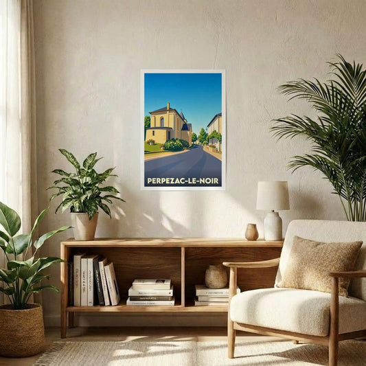 Affiche souvenir de la ville de Perpezac-le-Noir avec une illustration stylisée.