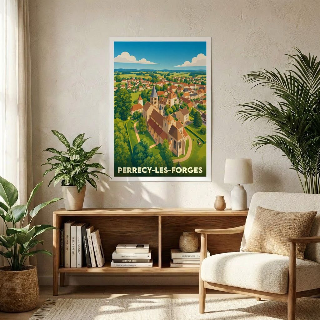 Affiche souvenir de la ville de Perrecy-les-Forges avec une illustration stylisée.