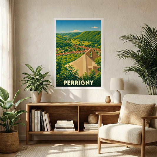 Affiche souvenir de la ville de Perrigny avec une illustration stylisée d'un paysage de vallée.