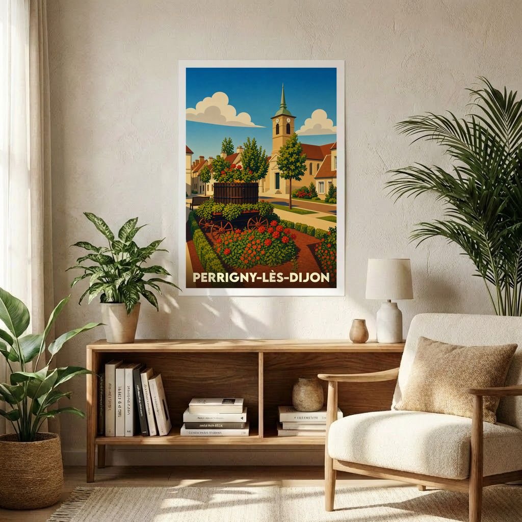 Affiche souvenir de la ville de Perrigny-lès-Dijon avec une illustration stylisée et colorée.