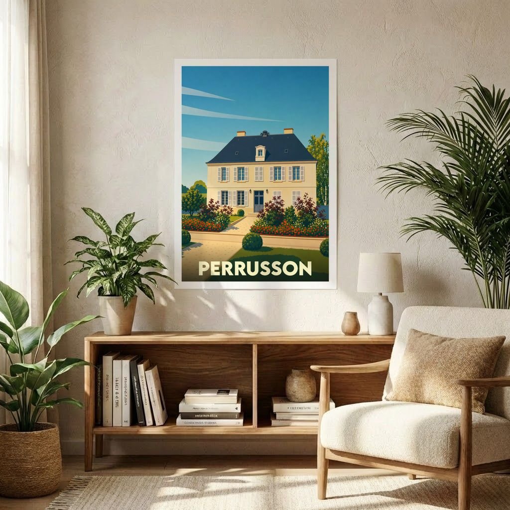 Affiche souvenir de la ville de Perrusson représentant une demeure élégante dans un style graphique épuré.