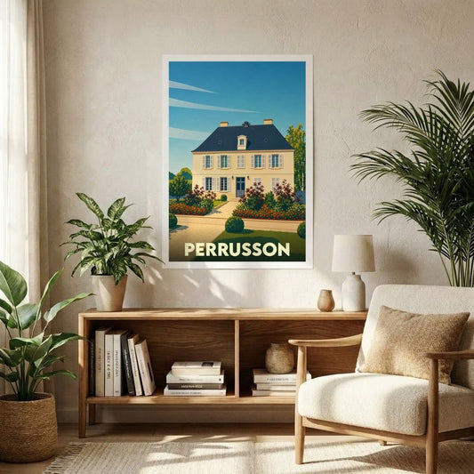 Affiche souvenir de la ville de Perrusson représentant une demeure élégante dans un style graphique épuré.