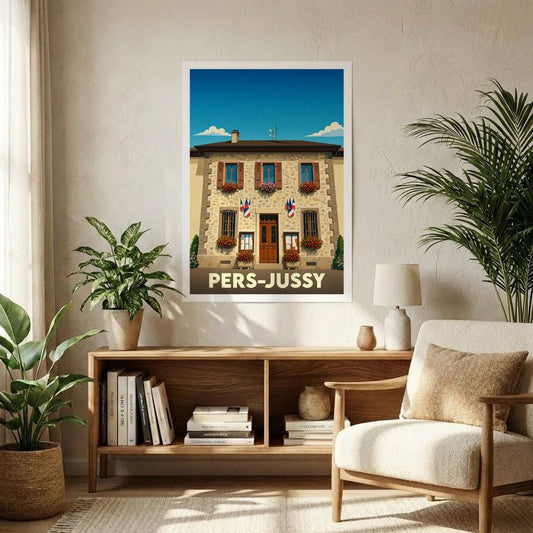Affiche souvenir de la ville de Pers-Jussy représentant sa mairie fleurie dans un style graphique rétro.