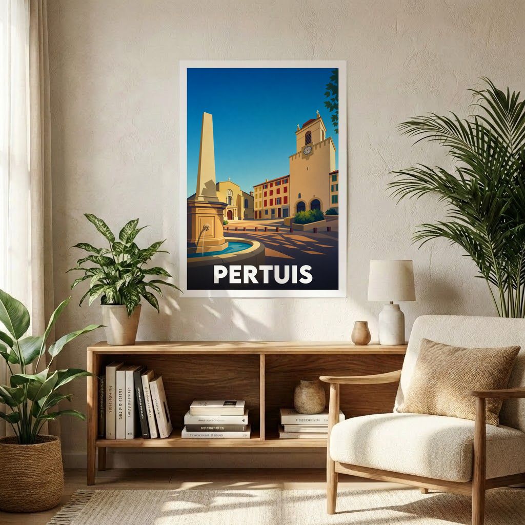 Affiche souvenir de la ville de Pertuis avec une illustration stylisée de son centre historique.