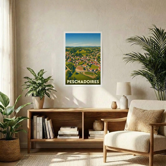 Affiche souvenir de la ville de Peschadoires présentant une vue aérienne illustrée dans un style vintage.