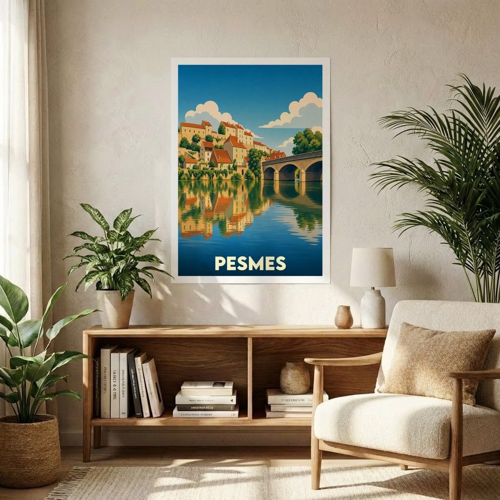 Affiche souvenir de la ville de Pesmes avec une illustration stylisée d'un pont et de maisons se reflétant dans l'eau.