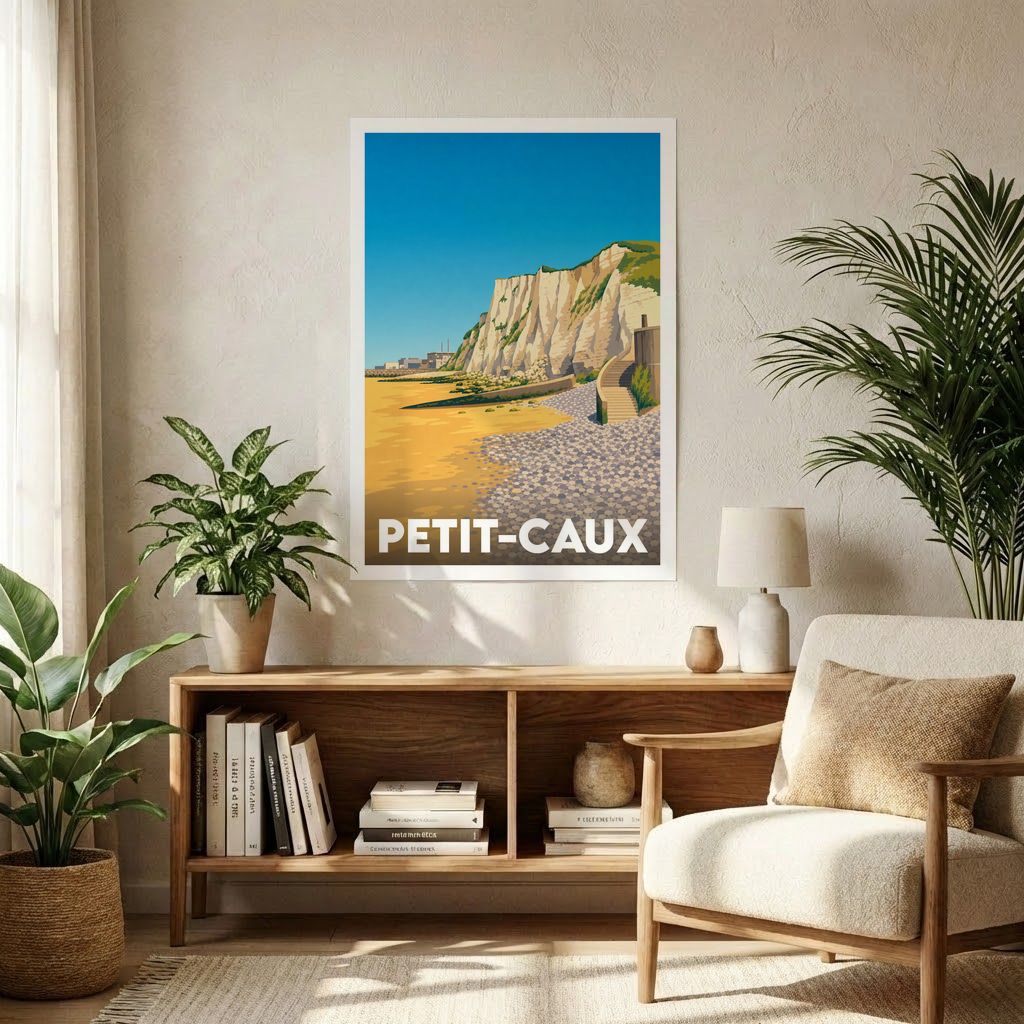 Affiche souvenir de la ville de Petit-Caux avec une illustration stylisée de son littoral.