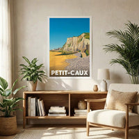 Affiche souvenir de la ville de Petit-Caux avec une illustration stylisée de son littoral.